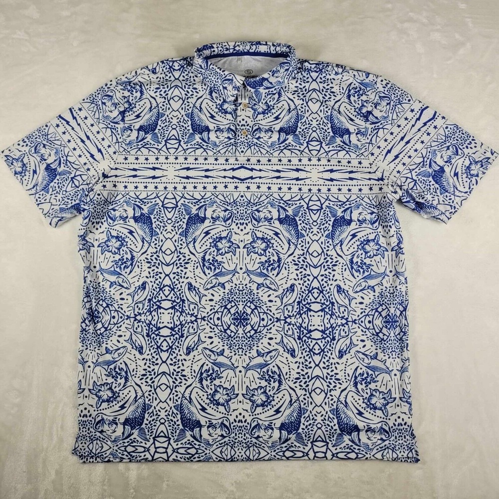 Scales Polo‎ Shirt Men's XL Blue White Performance Fish Floral Golf Geometric